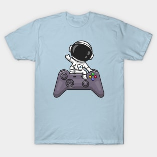 Cute Astronaut Waving Hand On Controller Cartoon T-Shirt